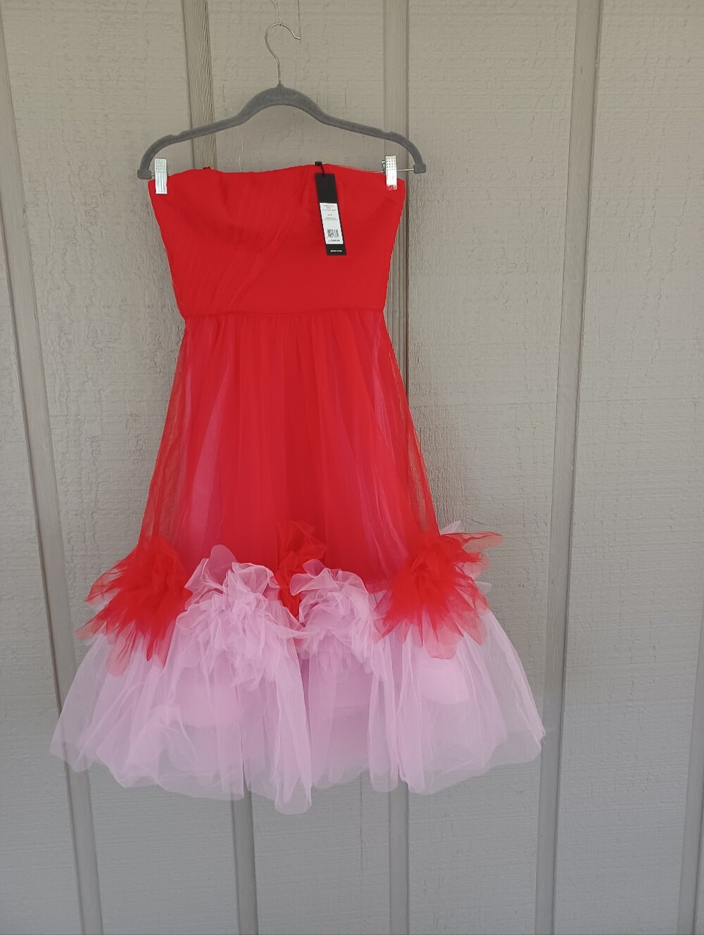 BCBGMAXAZRIA Strapless Tulle Midi Dress Size 4 Feminine Party  In Rosso Combo